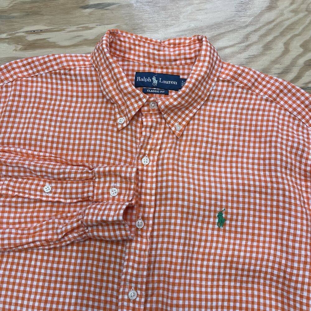 Ralph Lauren Classic Fit Linen Orange Checkered Gingham Button Down Shirt XL